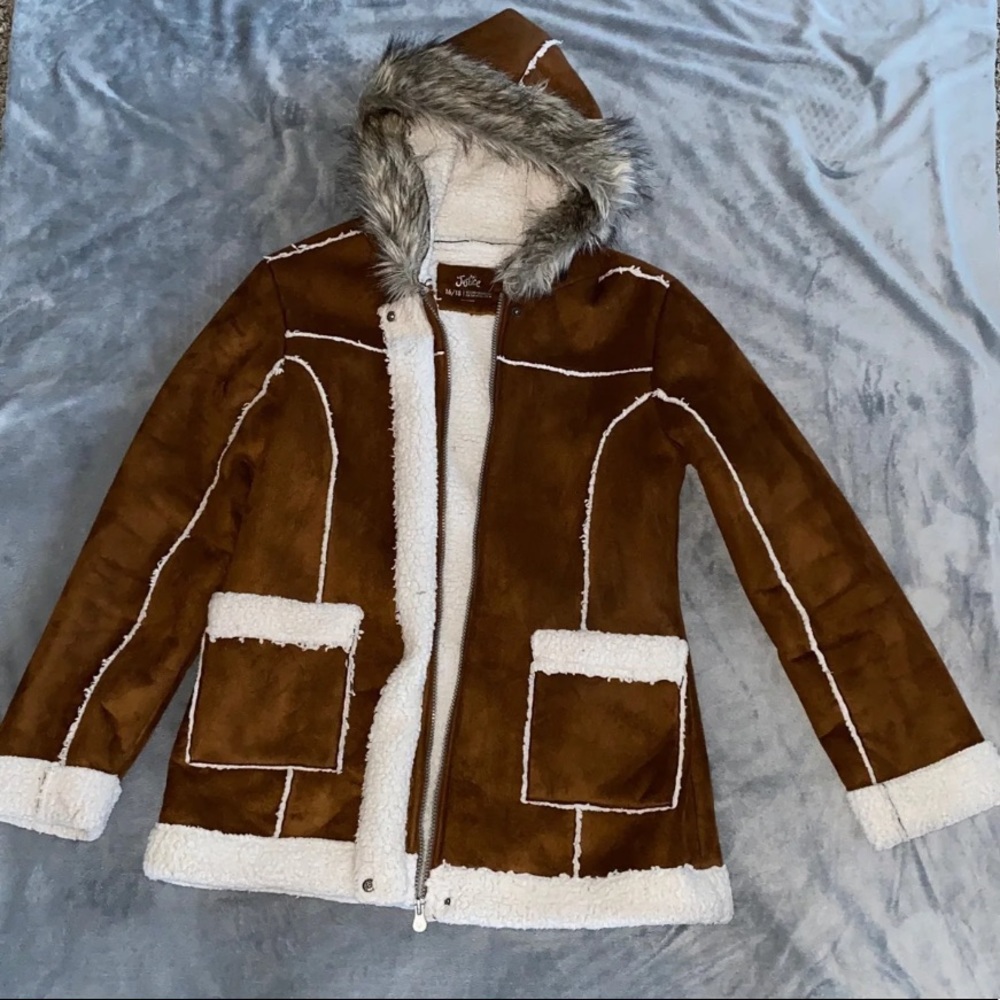 Justice Girls Suede Sherpa Faux Fur Hooded Jacket